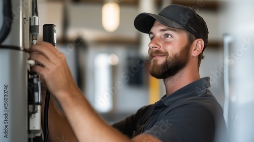 Technician installs equipment in modern facility while maintaining a positive demeanor and attentive focus during work