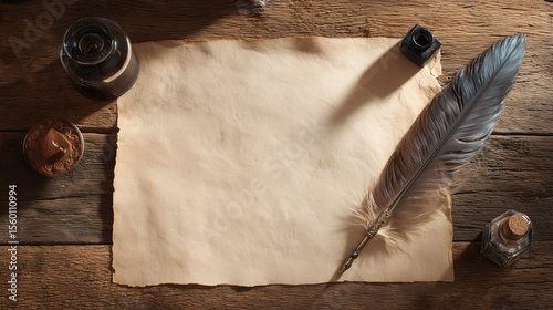 Vintage Parchment with Feather Quill and Ink Bottles