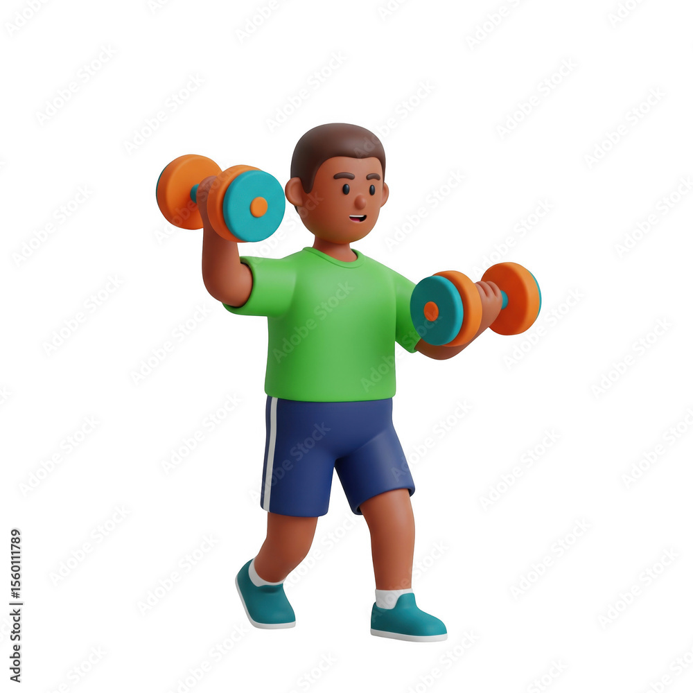 Obraz premium 3D Cartoon Man Lifting Dumbbells for Fitness, Strength, and Exercise Routine