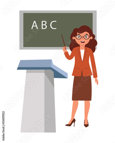Teacher instructs students at the blackboard with the alphabet during a classroom session. Vector illustration in flat style.