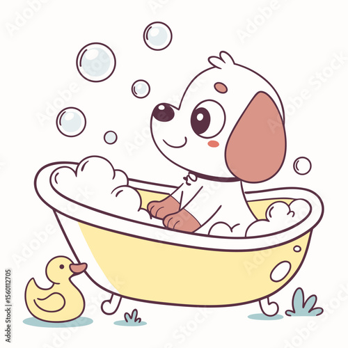 Adorable Puppy Bathing in Tub | Cute Dog Wash Vector Illustration