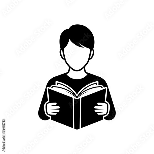 Illustration of a person with dark hair reading an open book in black and white vector format