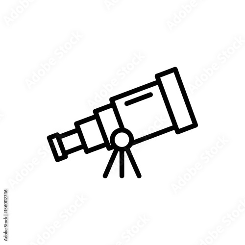 Outline drawing of a telescope on a tripod used for astronomy and stargazing on a white background