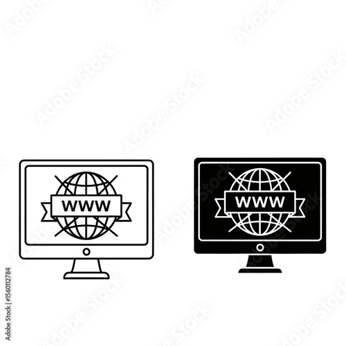 Two computer screen icons displaying www and a globe in black and white line drawing style format