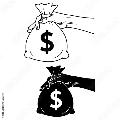 Two hands holding money bags with dollar signs in black and white vector illustration design style