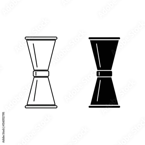 Two jiggers one in outline and one in solid black standing side by side on a white background space