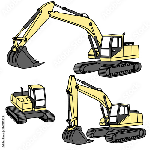 Yellow Excavator Vector Set | Construction Vehicle Illustration Collection