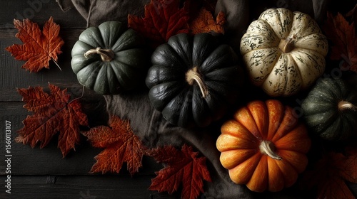 Colorful autumn pumpkins with fall leaves