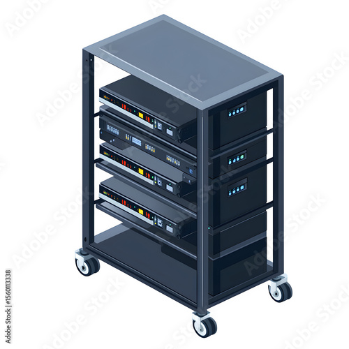 Detailed 3D render featuring An isometric server rack on a rolling cart showing visible equipment. Side angle perspective against a clean white backdrop, ideal for product mockups.