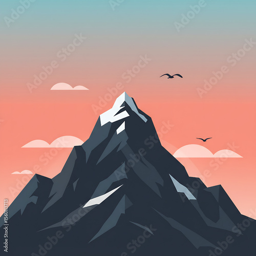 Majestic Mountain Peak with Birds in a Vibrant Sky