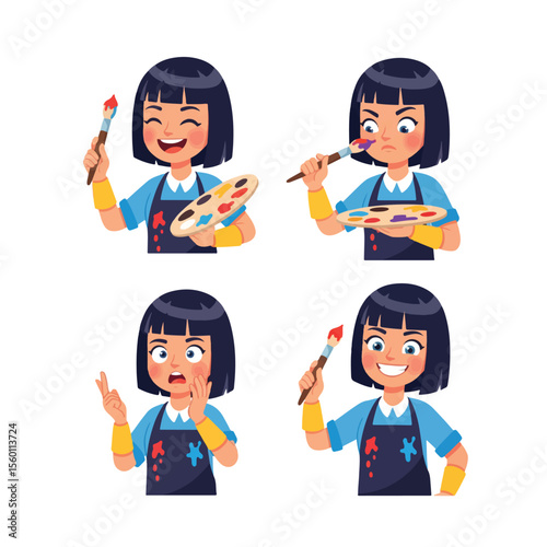 Four cartoon illustrations of a girl artist with a palette and brush, showing different emotions.