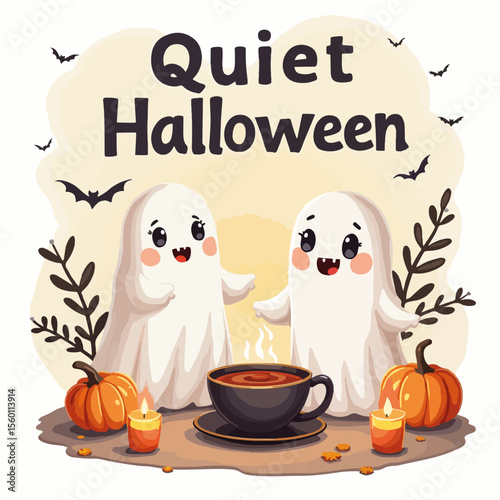 Quiet Halloween poster showcases soft ghosts with pumpkins and candles, accented by warm tea. Quiet Halloween poster featuring playful ghosts and cozy seasonal decor evokes warmth and festivity.