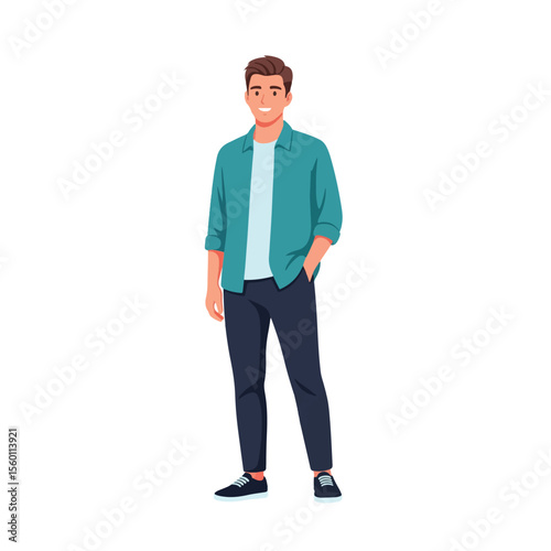 Smiling young man in casual teal shirt and black pants, full body shot.