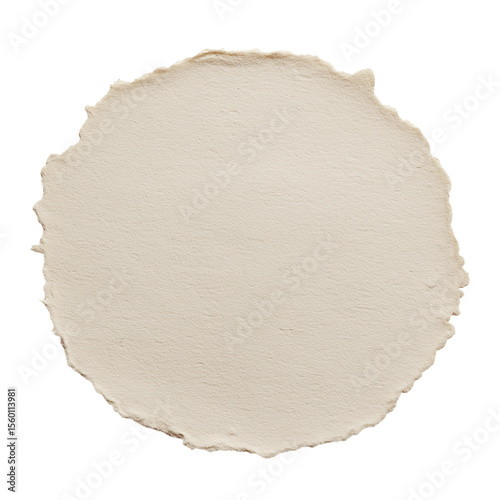 textured cream-colored circular piece of torn paper isolated on white background