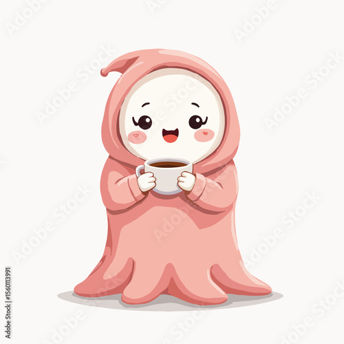 Cute smiling ghost wrapped in a pastel pink blanket holding a cup of cocoa, whimsical cartoon illustration. Cute smiling ghost, a specter so sweet, cuddles with warm drink in pastel blanket. Perfect,