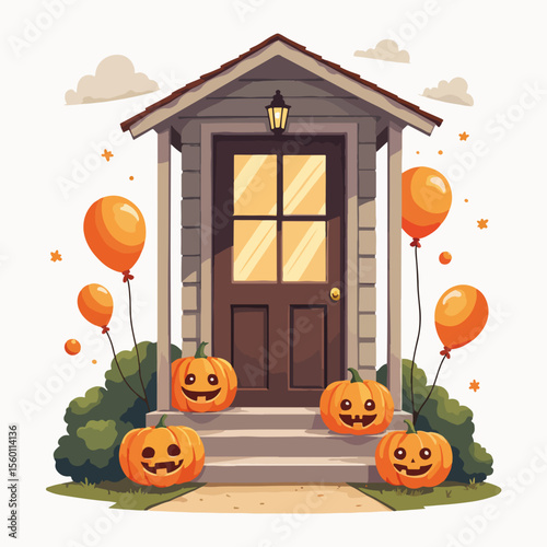 Front porch decorated for Halloween with pastel jack-o'-lanterns and floating balloons, festive Halloween decorations adorn entryway.