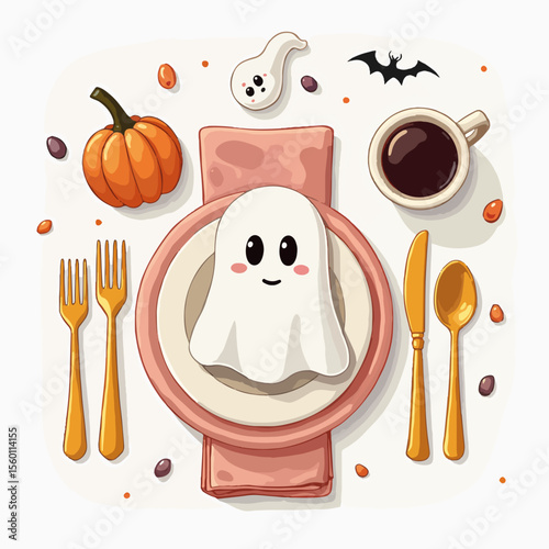 Halloween table setting with pastel napkins and gold utensils showcases a ghost-themed plate, creating a spooky yet elegant presentation.