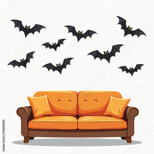 Hand-drawn paper bats on wall above comfy sofa with orange pillows create a seasonal setting, showcasing hand-drawn paper bats. Comfy sofa, orange pillows, and dark bats evoke a Halloween spirit.