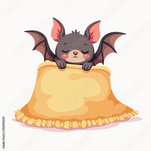 Plush bat sleeping upside down under soft blanket, cute cartoon animal relaxes. Plush bat sleeping happily under cozy blanket, eyes closed in peaceful slumber, tiny wings spread.