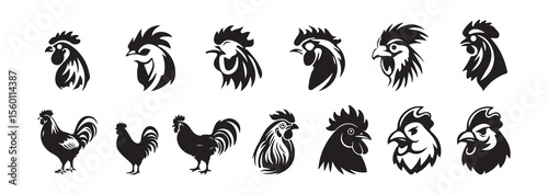 Set of Rooster Head Silhouettes – Vector Chicken Logo Icons Collection. Vector illustration 
