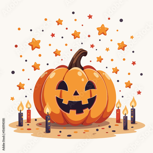 Pumpkin with carved smiling face surrounded by tiny candles and confetti creates a festive scene. Pumpkin with carved smiling face with scattered confetti around, illuminated by flickering candles,