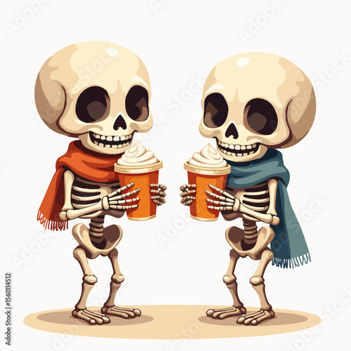 Two smiling skeletons drinking pumpkin spice lattes with pastel scarves. Two smiling skeletons are enjoying pumpkin spice lattes while wearing pastel scarves, creating a quirky yet endearing scene,