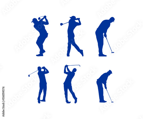A collection of six blue silhouettes of golf players in different action poses such as swinging, putting, and preparing to hit. Ideal for golf-themed designs, sports infographics, club branding, and a