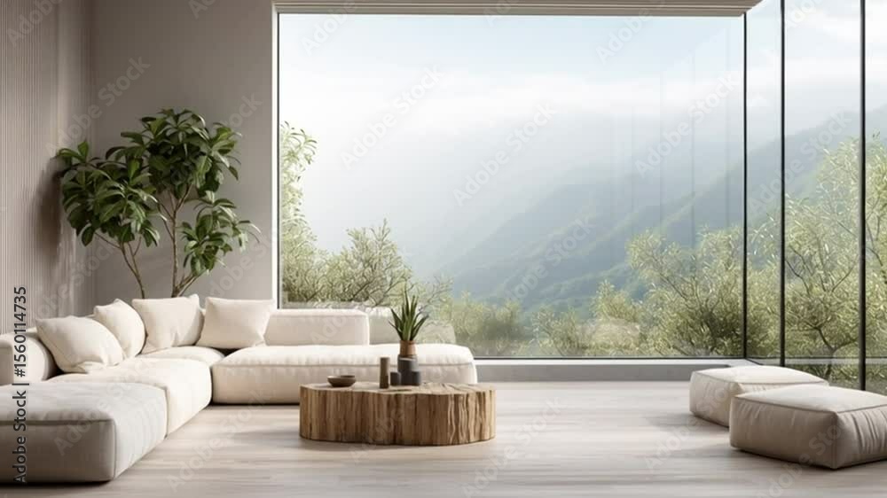 Salon moderno con gran ventanal que da a un bosque montañoso verde, con sofa rinconera blanco, mesita baja de madera rustica y espacio claro minimalista