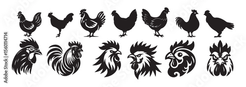 Chicken and Rooster Silhouettes with Food Icons – Vector Collection