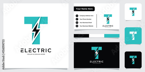 Flash T Letter Logo Icon, Electrical Bolt With Initial T Letter Logo Design with business card design