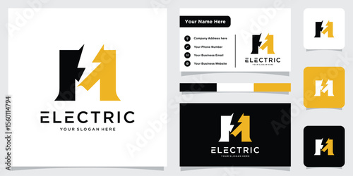 Initial letter M logo design template with lightning with business card design