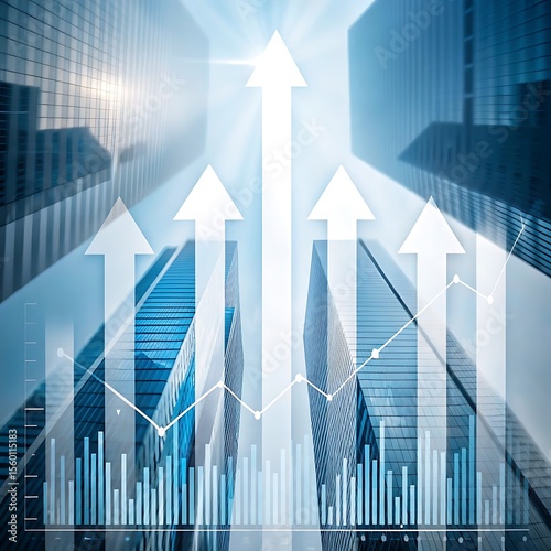 Upward arrows over modern skyscrapers with financial charts growth finance
