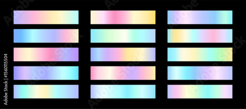Iridescent gradient swatch collection. Holographic foil colors linear gradation.