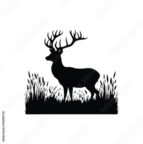 Deer Silhouette in Grassland Scene wild animal vector forest deer illustration antler deer shadow wildlife stencil hunting theme graphic nature vector design