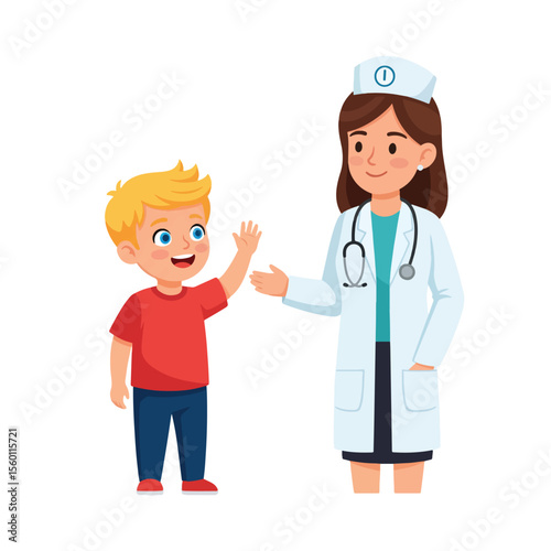 Cartoon illustration of a young boy waving to a female doctor in a white coat and cap.