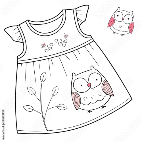 A sweet baby dress with a little owl design, perfect for whimsical charm and wise adventures on a white background.