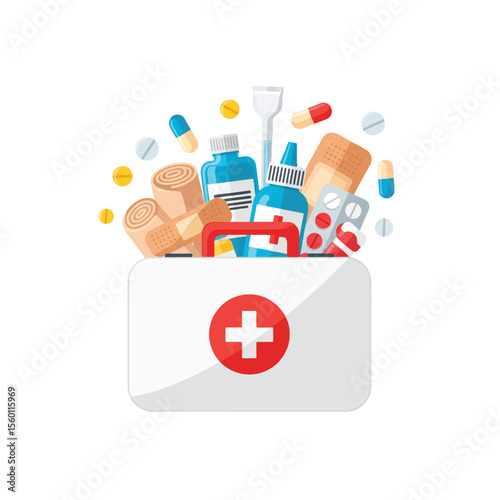 First aid kit overflowing with various medical supplies, displayed in a graphic design.