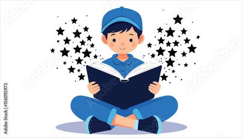 A cartoon of a boy reading a book