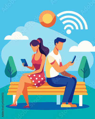 A young couple sits on a solarpowered bench at the beach using the WiFi to download a new playlist while their phones charge.. Vector illustration