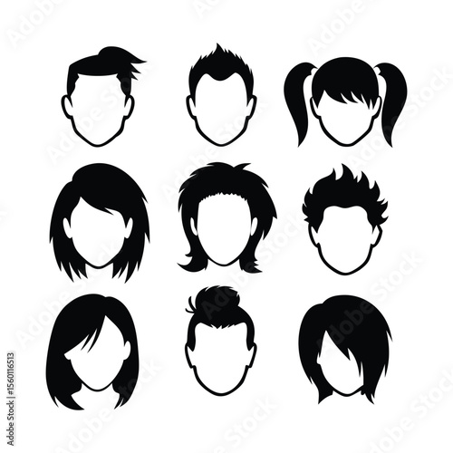 Set of 9 stylish silhouette haircuts for men and women, perfect for design projects, icons, or avatars. Black vector illustrations with diverse hairstyles