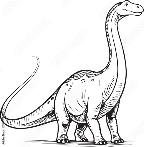 Diplodocus Dinosaur, Types of Dinosaurs, Vector Illustration, Sketch Drawing Line Linear Symbol Icon Engraving Coloring Book, Hand-drawn Black and White Isolated