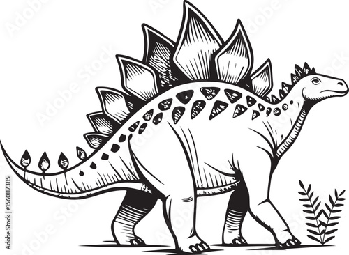 Stegosaurus Dinosaur, Types of Dinosaurs, Vector Illustration, Sketch Drawing Line Linear Symbol Icon Engraving Coloring Book, Hand-drawn Black and White Isolated