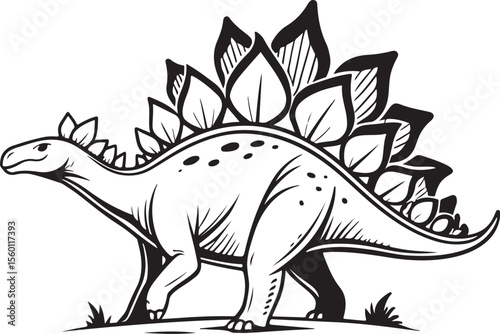 Stegosaurus Dinosaur, Types of Dinosaurs, Vector Illustration, Sketch Drawing Line Linear Symbol Icon Engraving Coloring Book, Hand-drawn Black and White Isolated