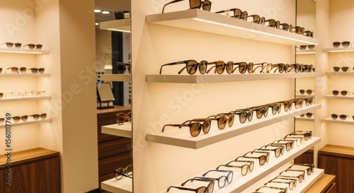 Showcasing stylish sunglasses in a chic boutique urban setting retail display modern design eye-catching arrangement