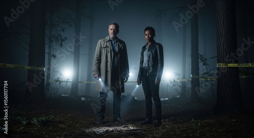 Investigating a mysterious crime scene forest photography dark environment low angle suspenseful atmosphere