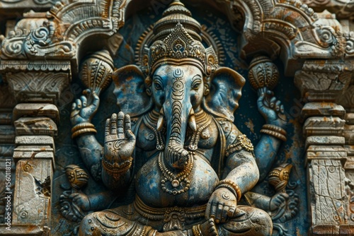 Ancient weathered statue of ganesha, the hindu god of wisdom and prosperity, blessing devotees in a temple
