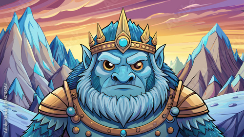 Vector scene of a frozen mountain pass with towering cliffs, guarded by a massive Ice Troll King wielding a frost-covered weapon under a stormy sky.