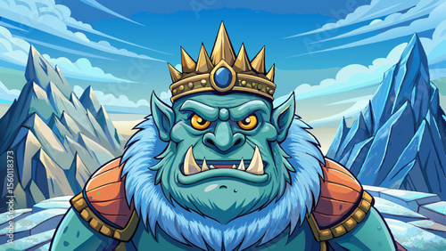 Vector scene of a frozen mountain pass with towering cliffs, guarded by a massive Ice Troll King wielding a frost-covered weapon under a stormy sky.