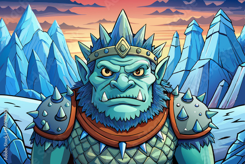 Vector scene of a frozen mountain pass with towering cliffs, guarded by a massive Ice Troll King wielding a frost-covered weapon under a stormy sky.