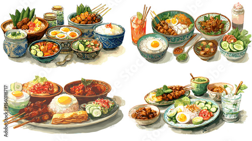 Watercolor illustration of Southeast Asian rice meals with satay, sambal, fried egg, cucumber, and side dishes in ceramic bowls and plates.

